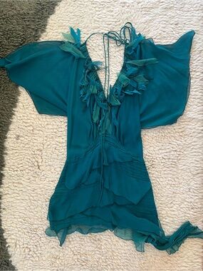 Natasha Dark Turquoise Silk Mini Dress Open Back Size XXS-XS